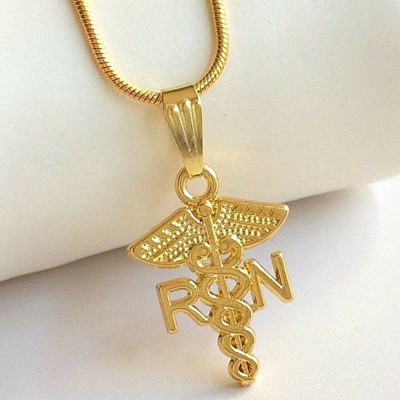 Gold Nursing RN Caduceus Necklace 18" Pendant Nurse Graduation Gift Plated - Picture 1 of 8